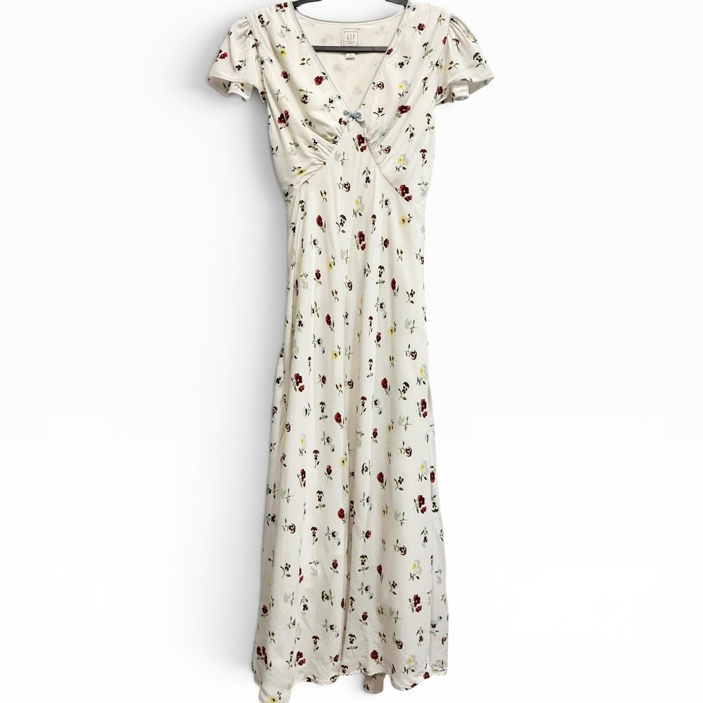 Doen x Gap Pansy Floral Midi Dress Cream Flutter Sleeve V-Neck Back Tie 6  M